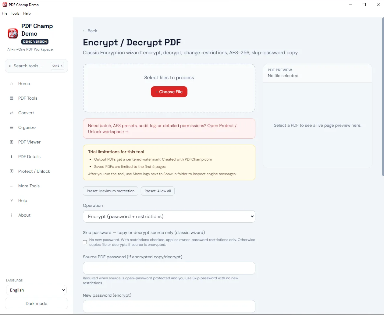 Protect and unlock workspace